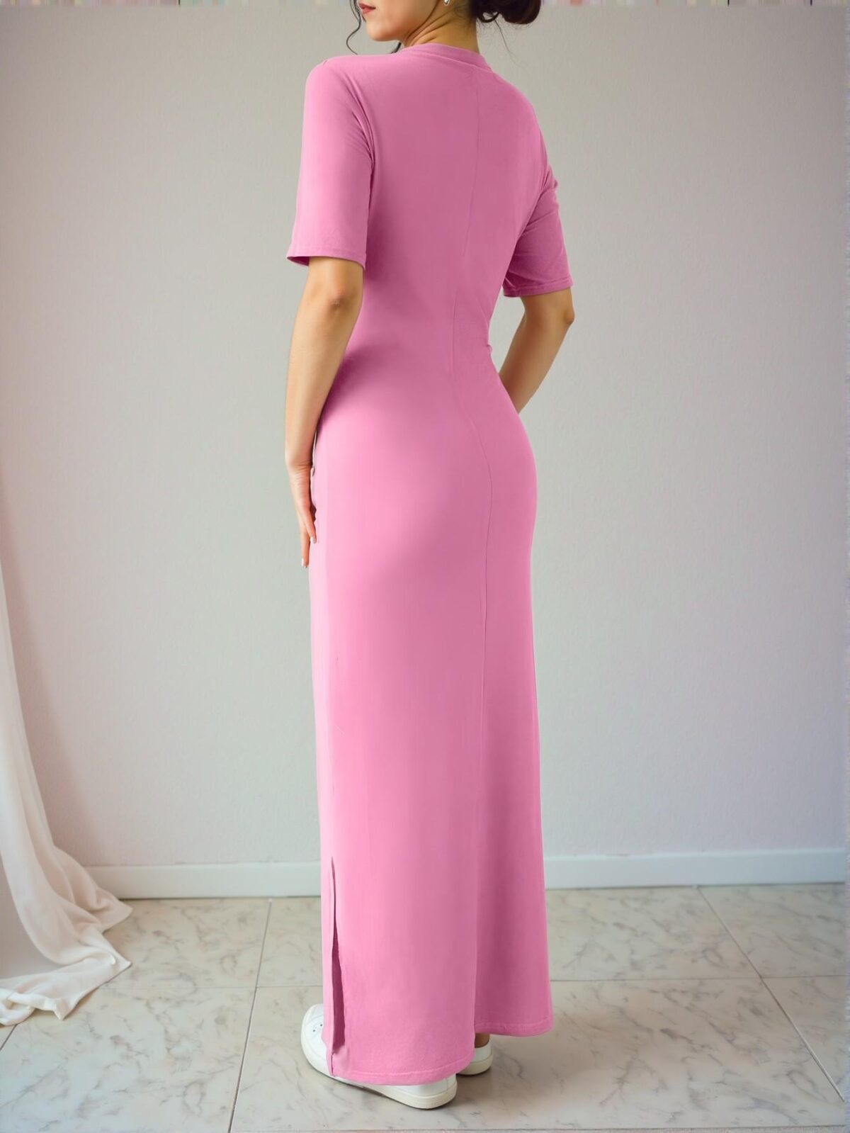 Elegant Pink V-Neck Split Hem Maxi Dress with Half Sleeves for Spring and Summer Events - Chic, Classy and Trendy Fashion Style to Dress to Impress - Image 2