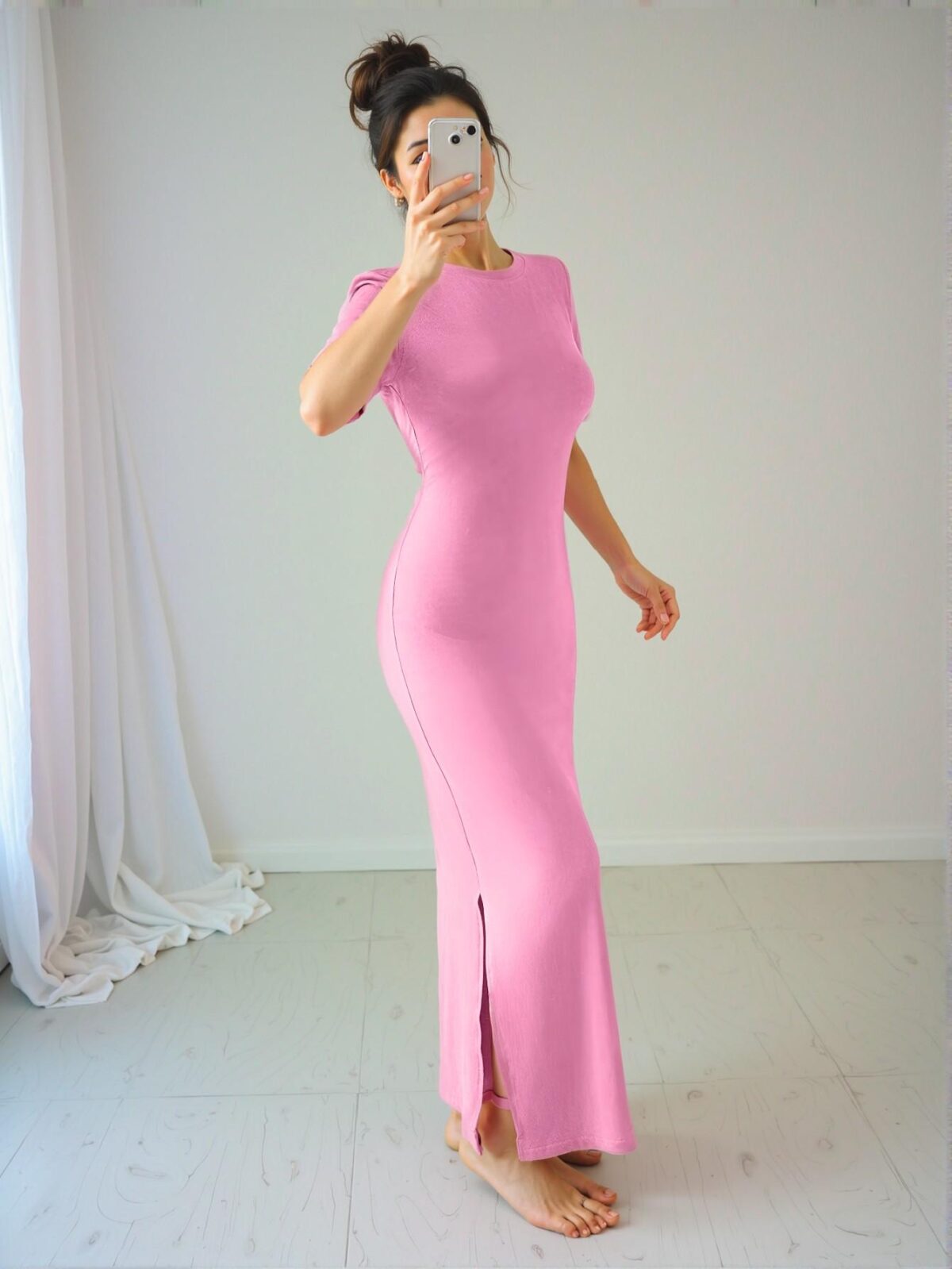 Elegant Pink V-Neck Split Hem Maxi Dress with Half Sleeves for Spring and Summer Events - Chic, Classy and Trendy Fashion Style to Dress to Impress - Image 3