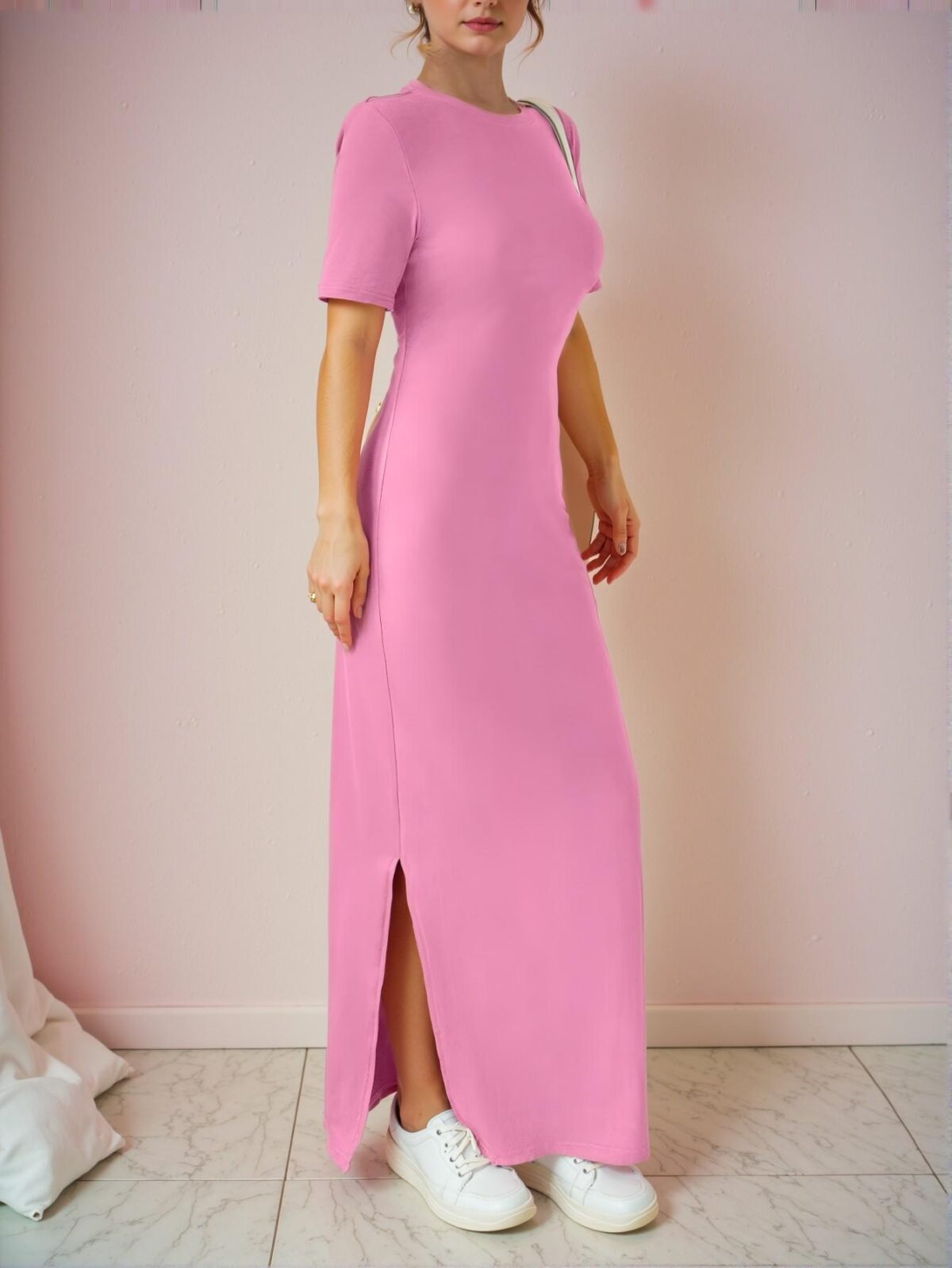 Elegant Pink V-Neck Split Hem Maxi Dress with Half Sleeves for Spring and Summer Events - Chic, Classy and Trendy Fashion Style to Dress to Impress - Image 4