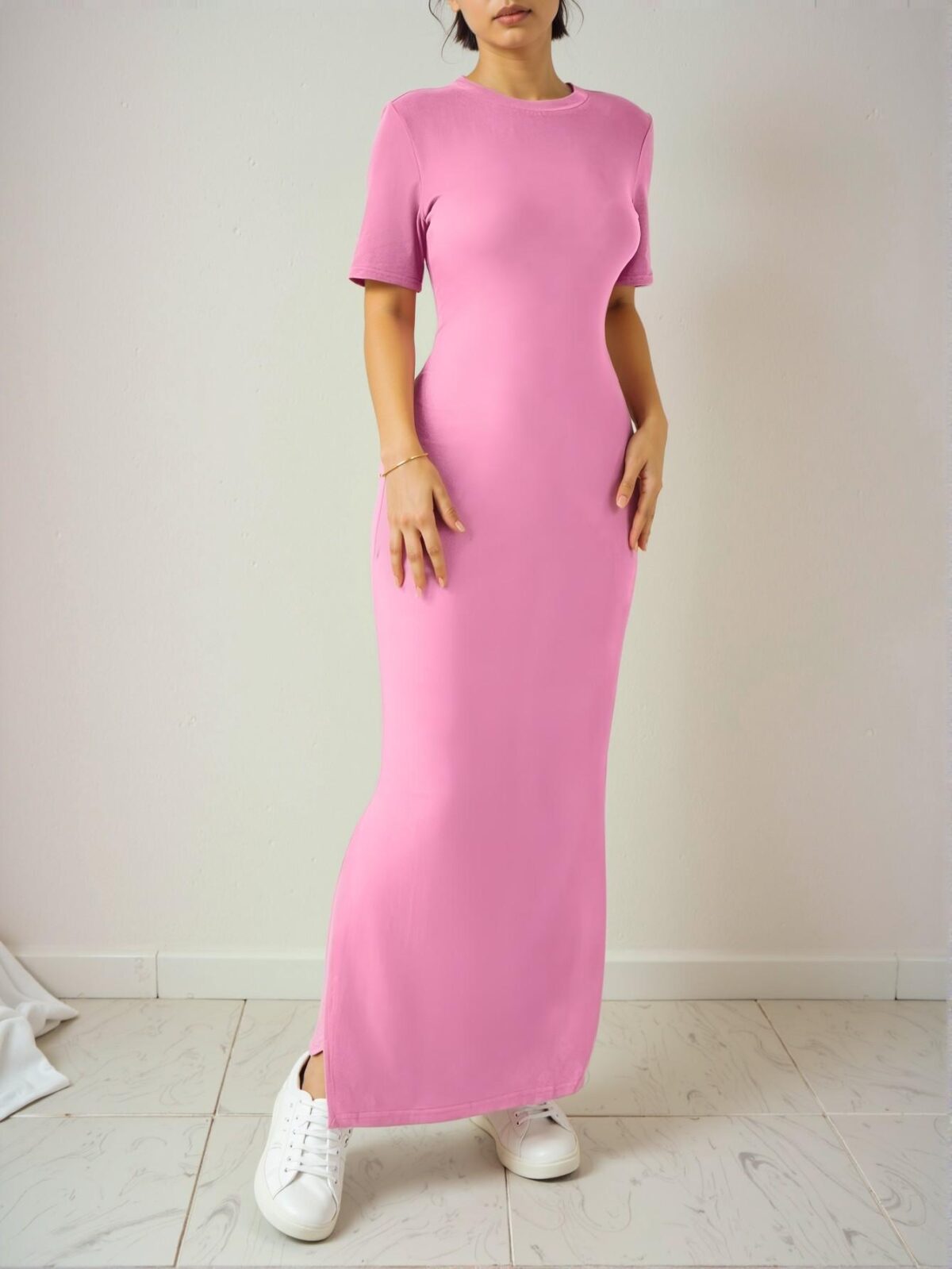 Elegant Pink V-Neck Split Hem Maxi Dress with Half Sleeves for Spring and Summer Events - Chic, Classy and Trendy Fashion Style to Dress to Impress - Image 5