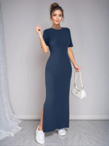 Elegant Navy Blue Stylish V-Neck Maxi Dress with Split Hem for Summer and Spring Gatherings - Chic, Classy and Trendy Fashion Style to Dress to Impress