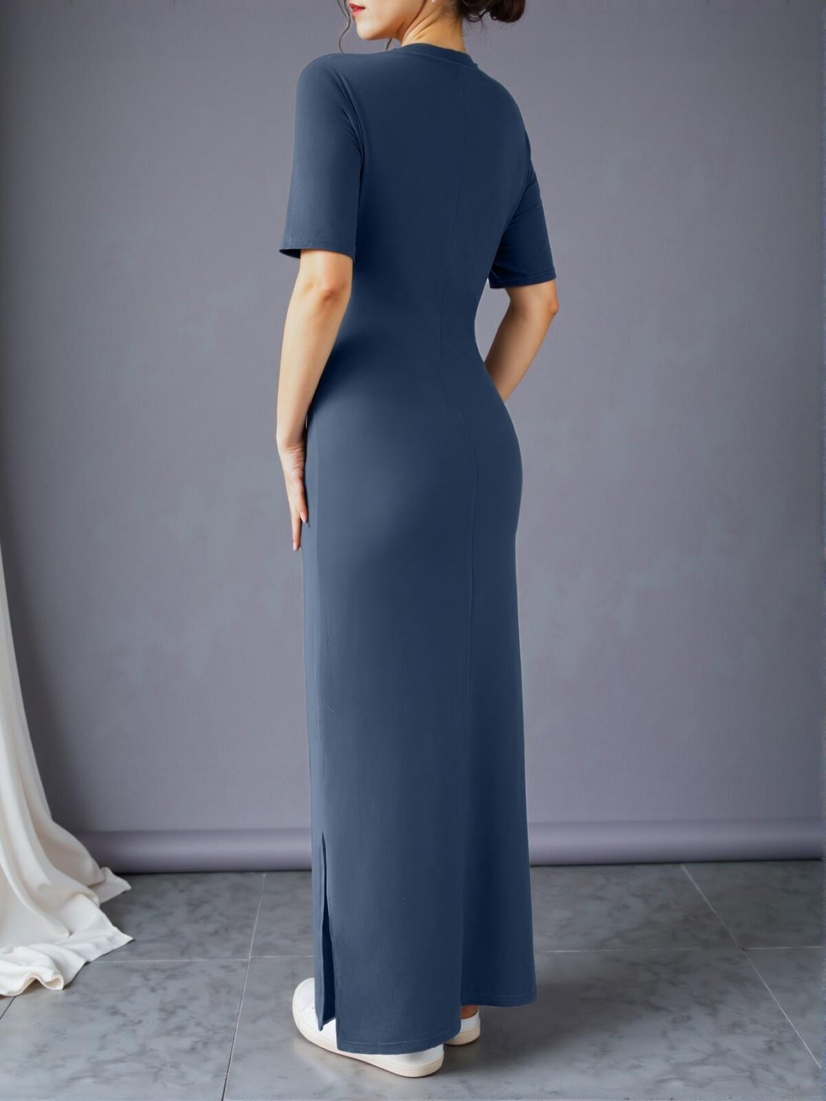 Elegant Navy Blue Stylish V-Neck Maxi Dress with Split Hem for Summer and Spring Gatherings - Chic, Classy and Trendy Fashion Style to Dress to Impress - Image 2