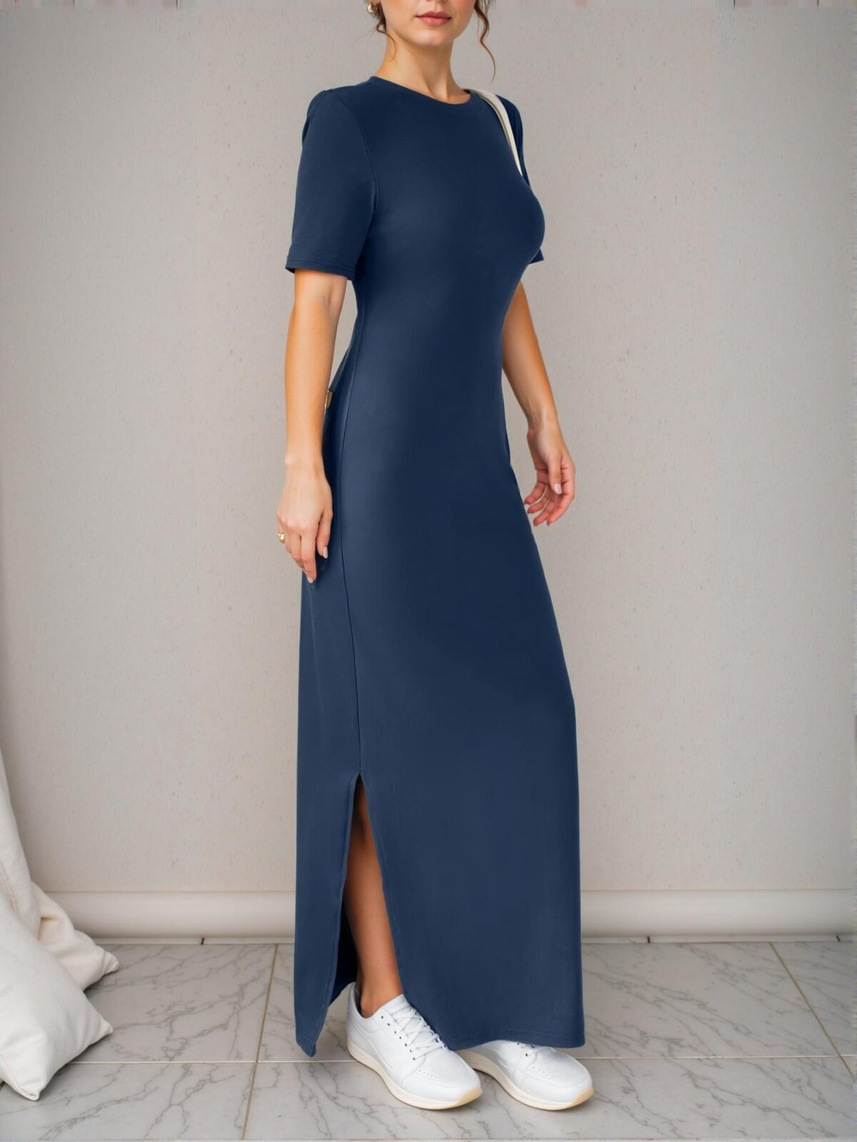 Elegant Navy Blue Stylish V-Neck Maxi Dress with Split Hem for Summer and Spring Gatherings - Chic, Classy and Trendy Fashion Style to Dress to Impress - Image 3