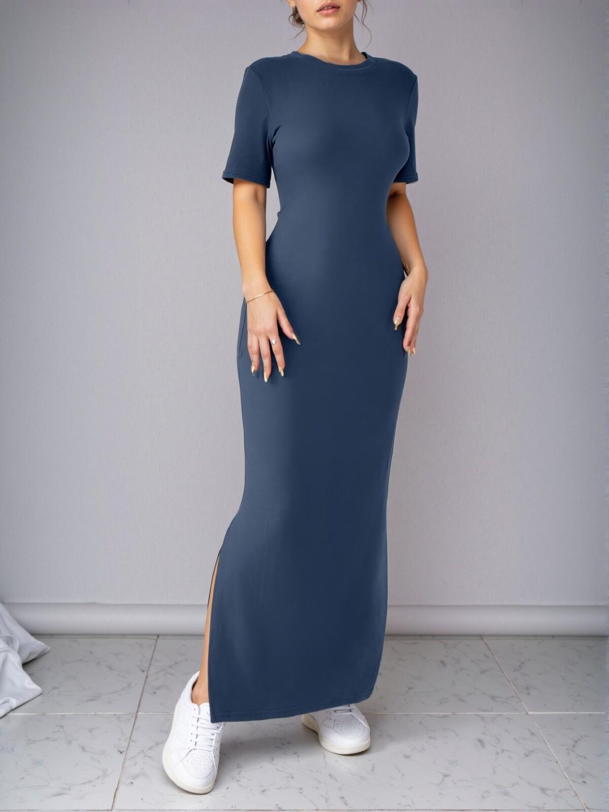 Elegant Navy Blue Stylish V-Neck Maxi Dress with Split Hem for Summer and Spring Gatherings - Chic, Classy and Trendy Fashion Style to Dress to Impress - Image 4