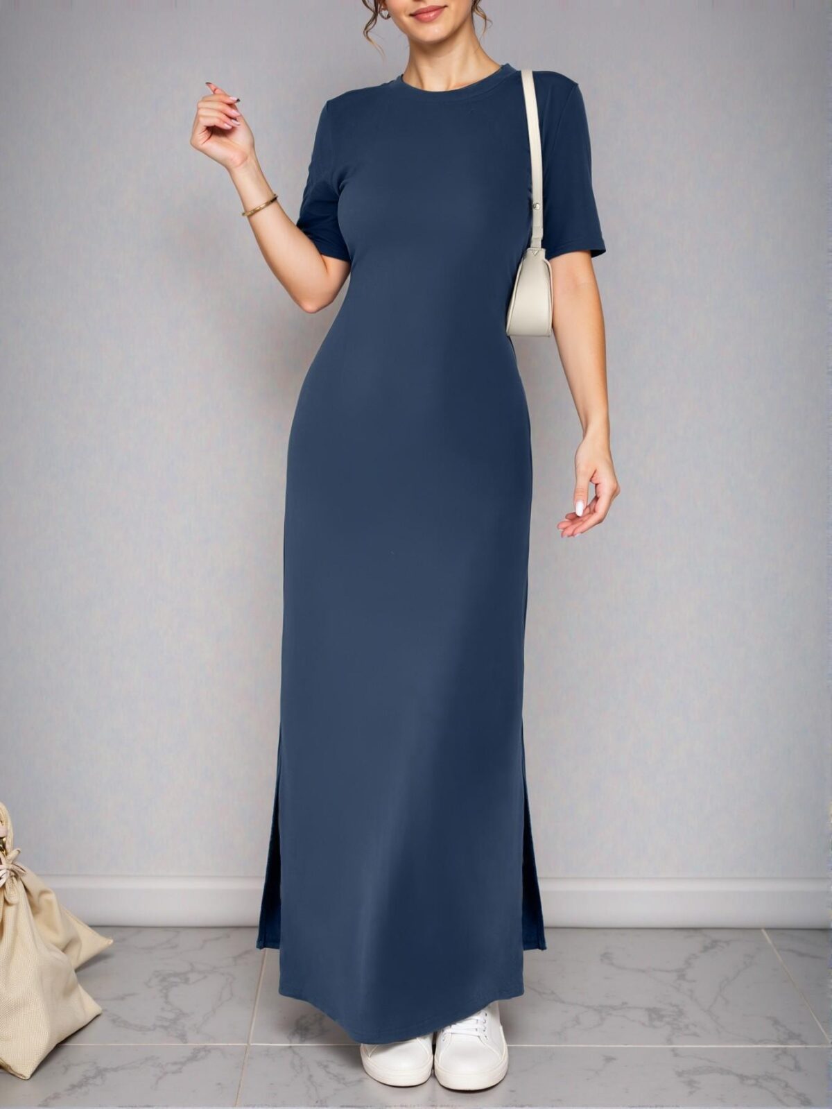 Elegant Navy Blue Stylish V-Neck Maxi Dress with Split Hem for Summer and Spring Gatherings - Chic, Classy and Trendy Fashion Style to Dress to Impress - Image 5