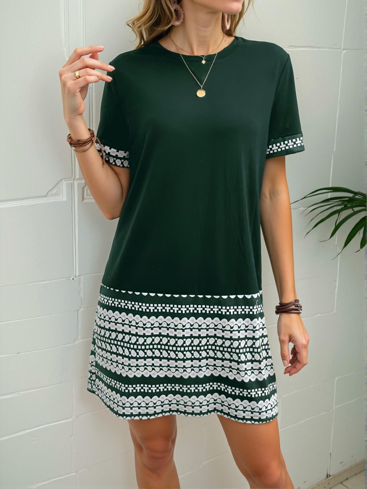 Elegant Dark Green Short Sleeve Geometric Print Dress Perfect for Vacation and Summer Outings - Chic, Classy and Trendy Fashion Style to Dress to Impress - Image 3
