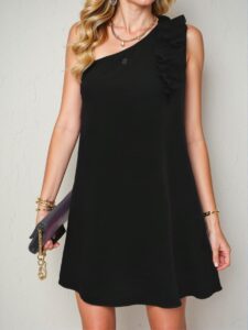 Elegant Black Asymmetrical Shoulder Tunic Dress for Stylish Spring and Summer Outfits - Chic, Classy and Trendy Fashion Style to Dress to Impress