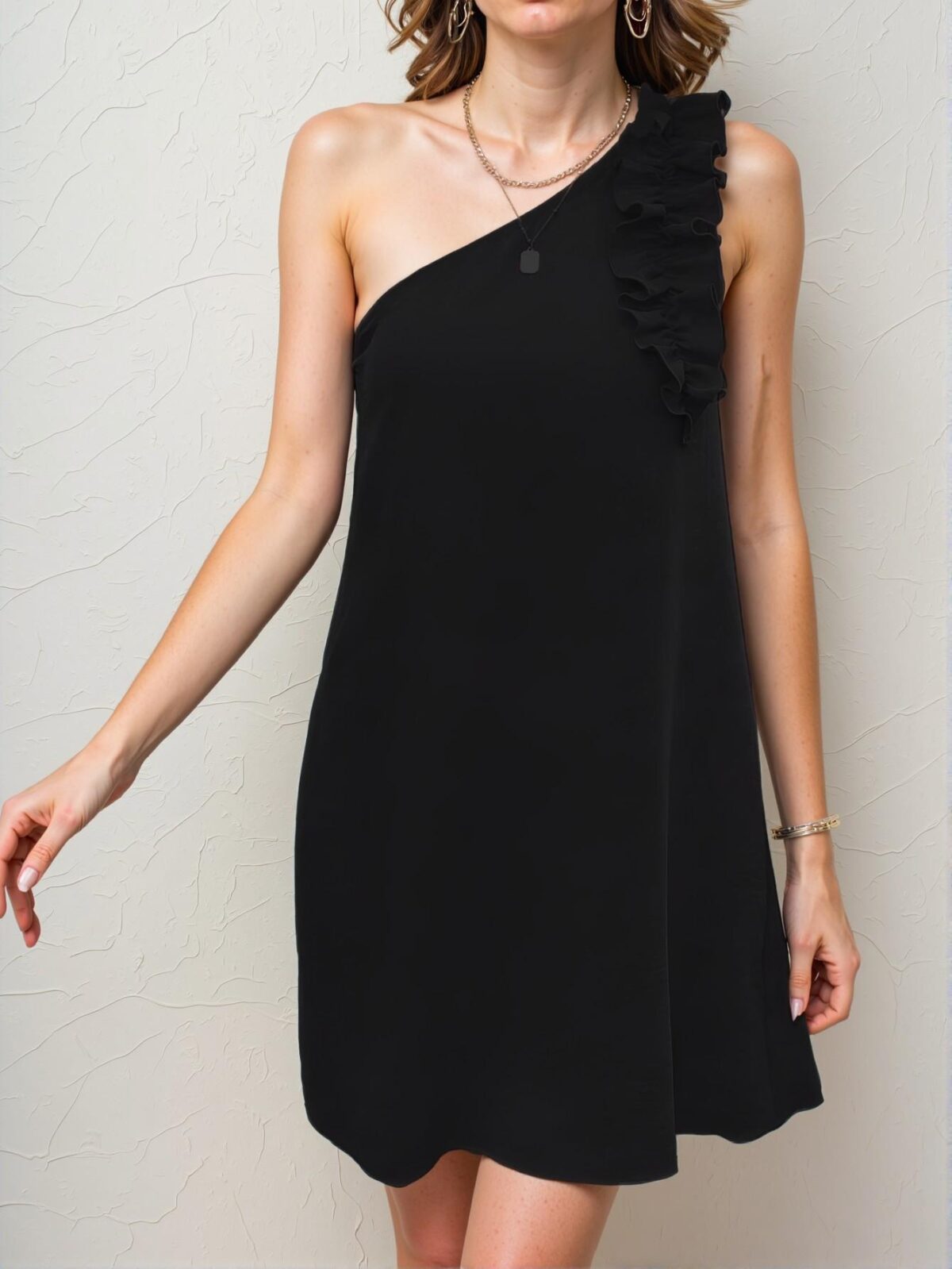 Elegant Black Asymmetrical Shoulder Tunic Dress for Stylish Spring and Summer Outfits - Chic, Classy and Trendy Fashion Style to Dress to Impress - Image 4