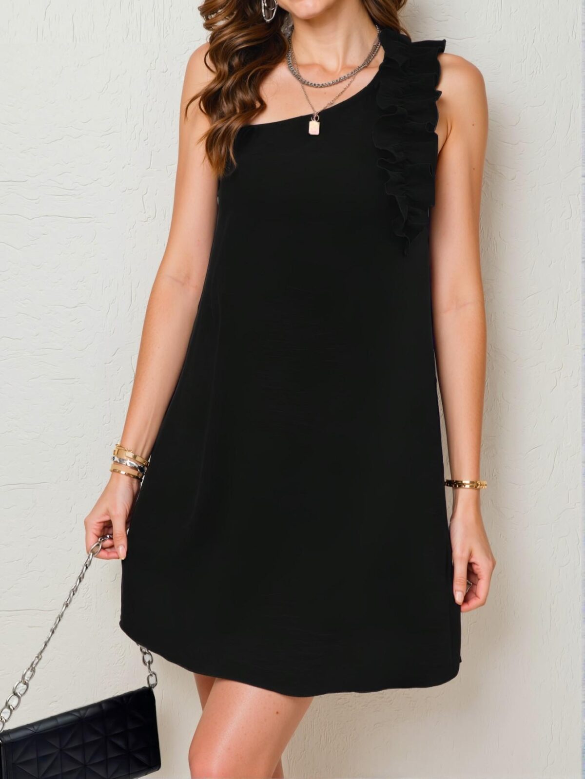Elegant Black Asymmetrical Shoulder Tunic Dress for Stylish Spring and Summer Outfits - Chic, Classy and Trendy Fashion Style to Dress to Impress - Image 5