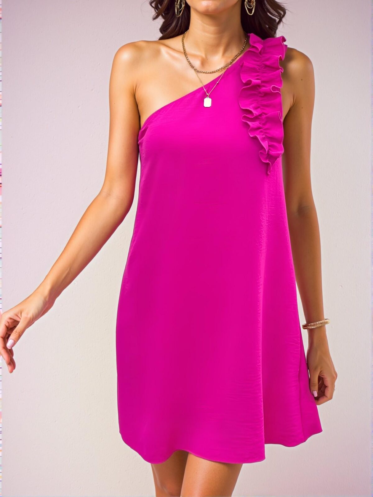 Elegant Hot Pink Asymmetrical Ruffle Trim One Shoulder Sleeveless Dress Perfect for Spring and Summer Chic, Classy and Trendy Fashion Style to Dress to Impress - Image 3