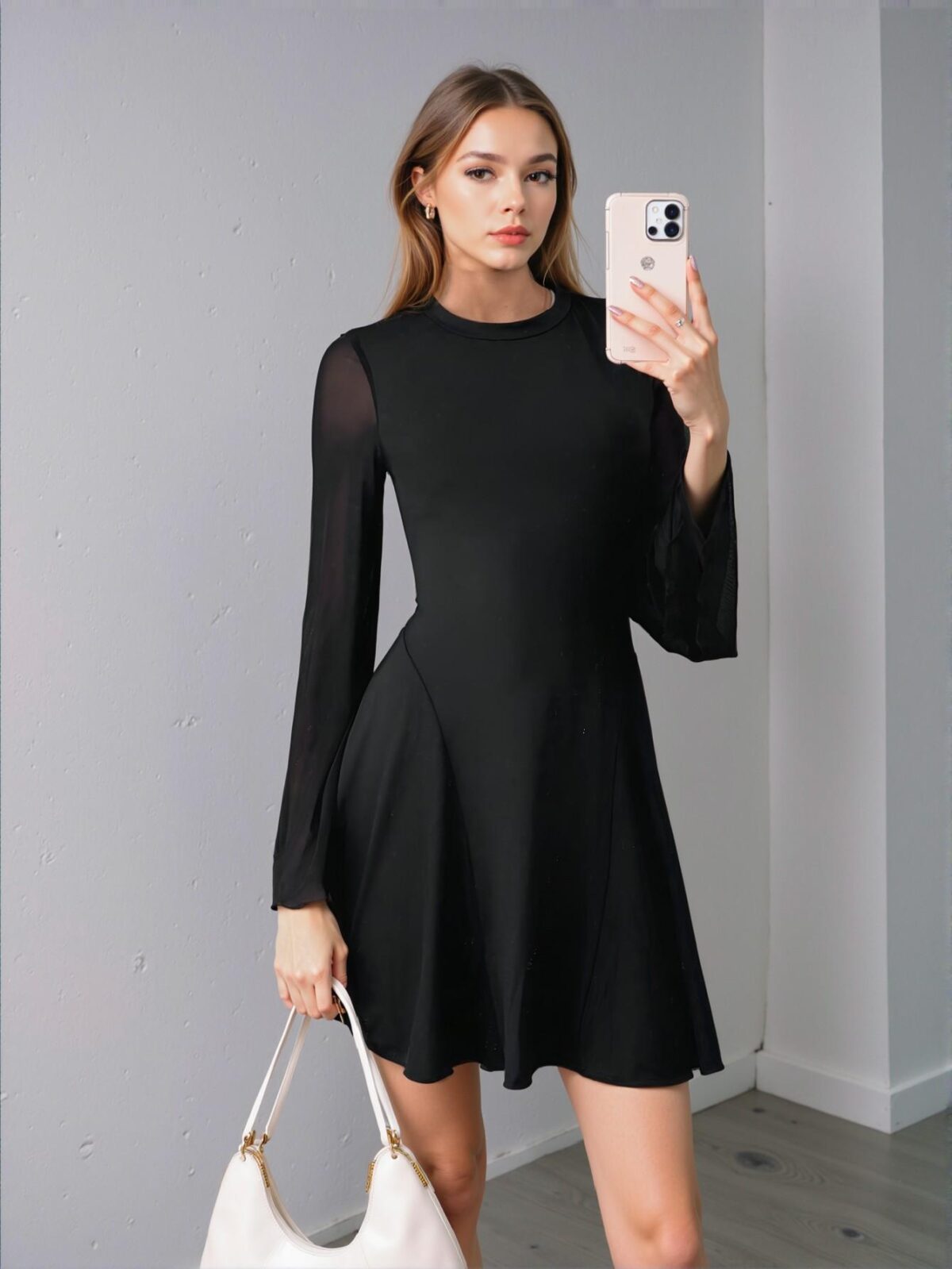 Elegant Black Flare Sleeve A-Line Dress with Contrast Mesh for Spring and Summer Chic, Classy and Trendy Fashion Style to Dress to Impress