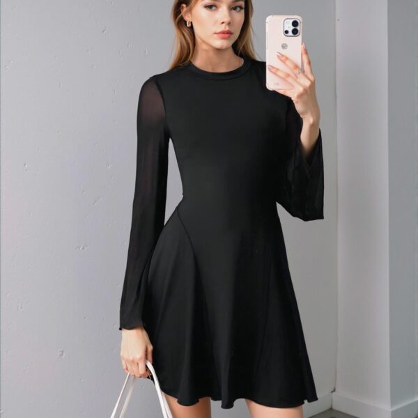 Elegant Black Flare Sleeve A-Line Dress with Contrast Mesh for Spring and Summer Chic, Classy and Trendy Fashion Style to Dress to Impress
