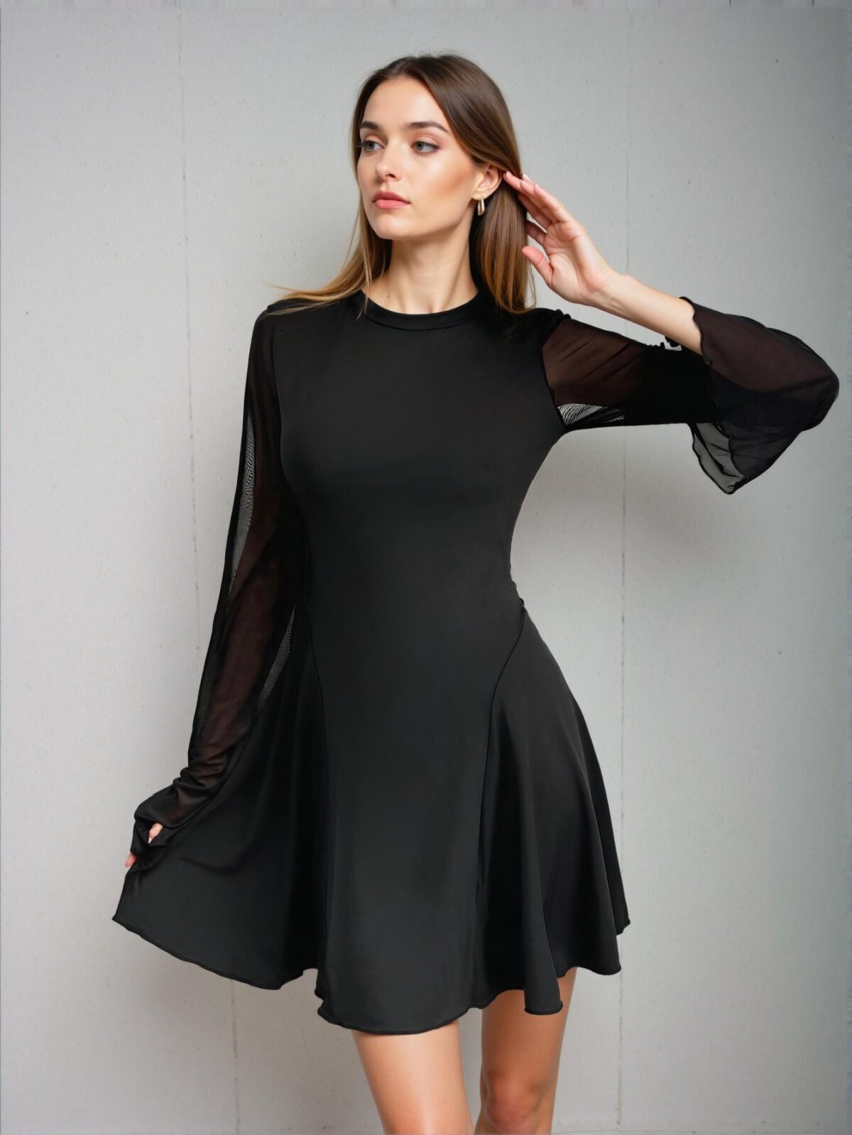 Elegant Black Flare Sleeve A-Line Dress with Contrast Mesh for Spring and Summer Chic, Classy and Trendy Fashion Style to Dress to Impress - Image 3