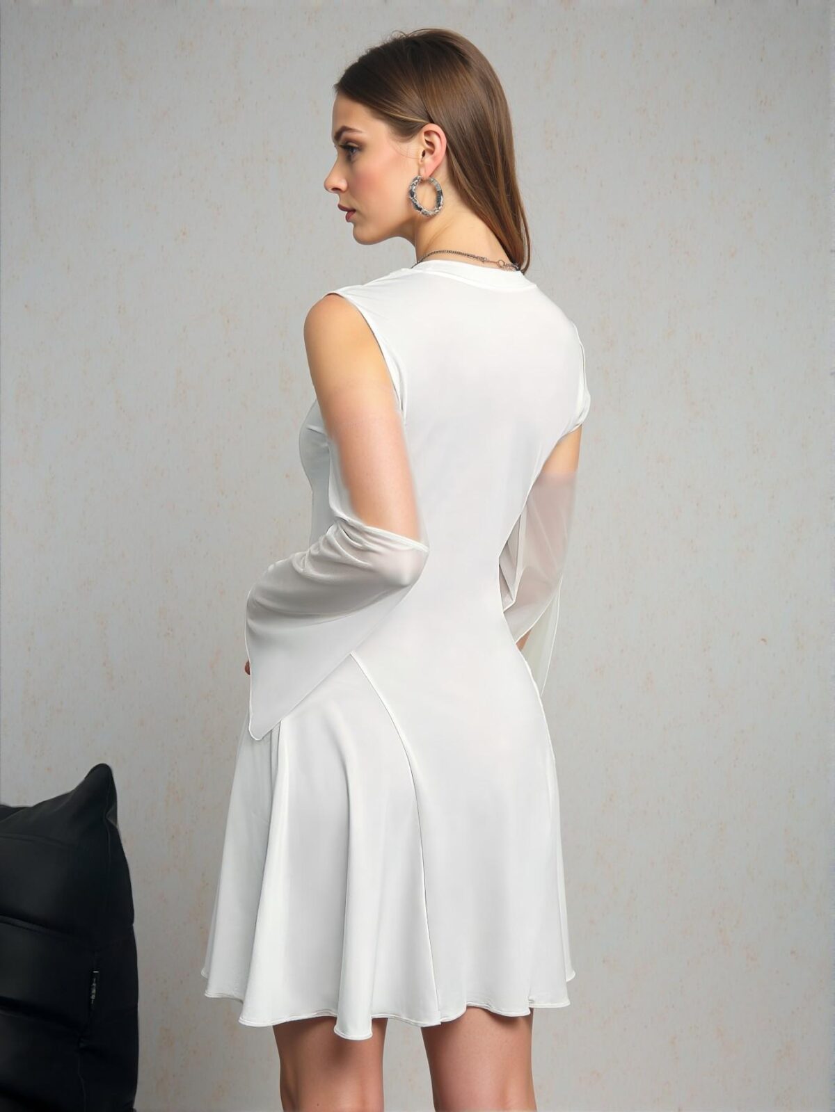 Elegant White Sheer Net Patchwork A-Line Dress with Flare Sleeves and Gathered Waist for Graduation - Chic, Classy and Trendy Fashion Style to Dress to Impress - Image 2