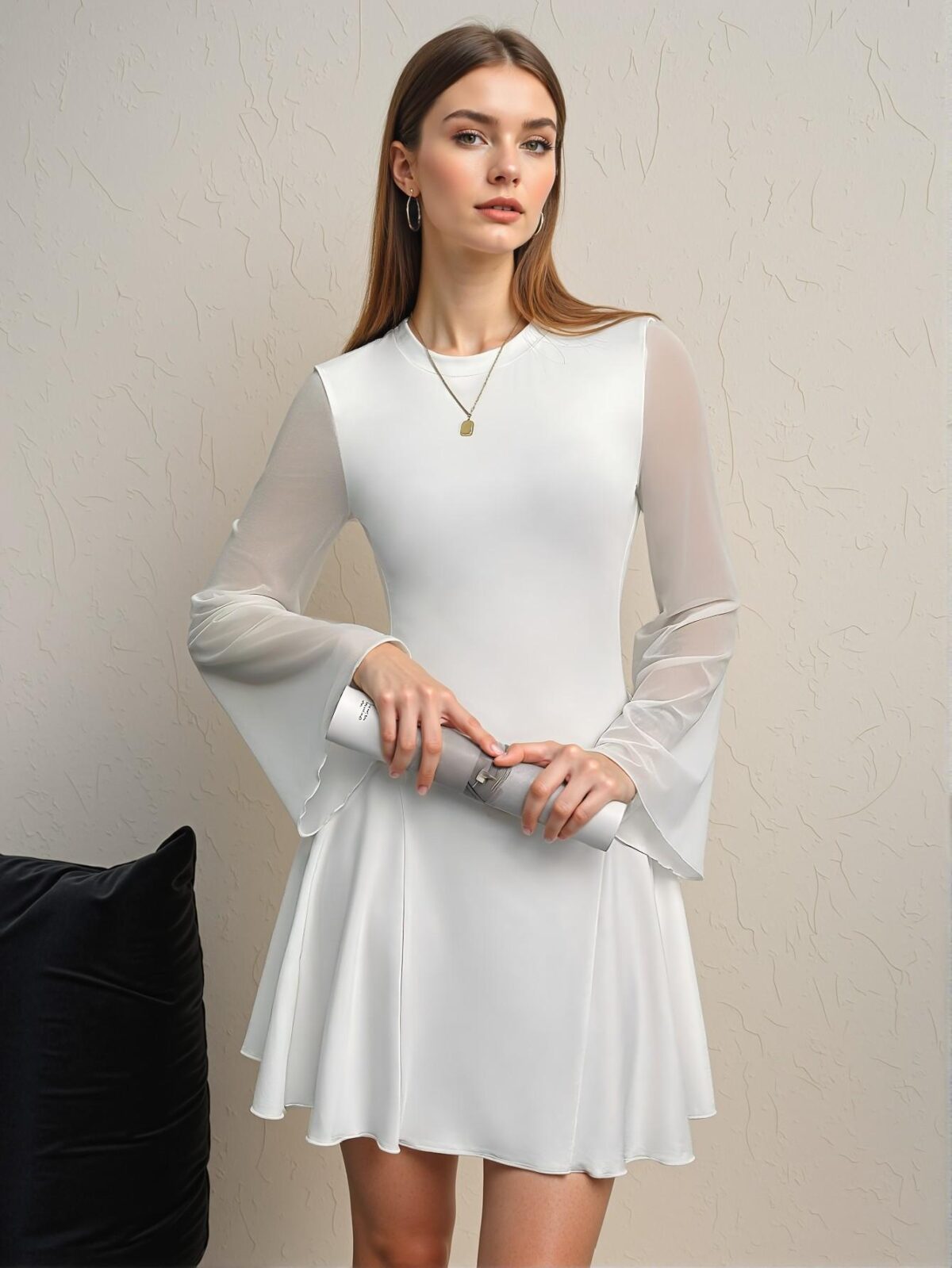 Elegant White Sheer Net Patchwork A-Line Dress with Flare Sleeves and Gathered Waist for Graduation - Chic, Classy and Trendy Fashion Style to Dress to Impress - Image 3