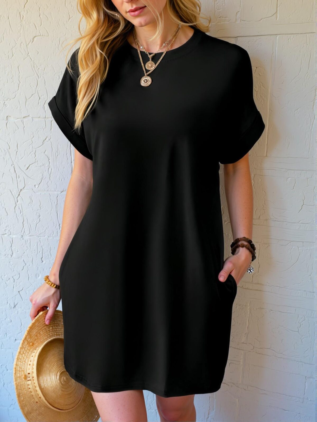 Elegant Black Stylish Batwing Sleeve Tee Dress with Hidden Pockets for Spring and Summer - Chic, Classy and Trendy Fashion Style to Dress to Impress