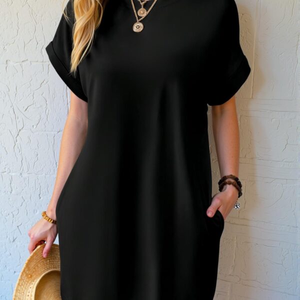 Elegant Black Stylish Batwing Sleeve Tee Dress with Hidden Pockets for Spring and Summer - Chic, Classy and Trendy Fashion Style to Dress to Impress