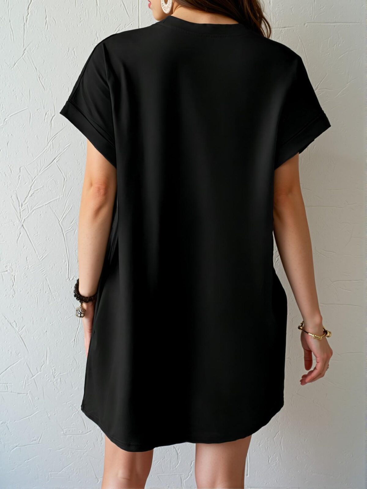 Elegant Black Stylish Batwing Sleeve Tee Dress with Hidden Pockets for Spring and Summer - Chic, Classy and Trendy Fashion Style to Dress to Impress - Image 2
