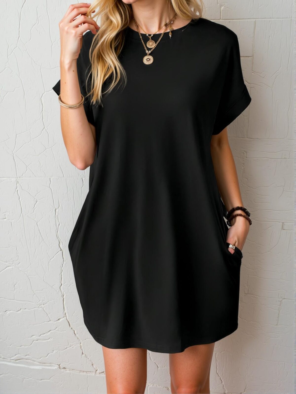 Elegant Black Stylish Batwing Sleeve Tee Dress with Hidden Pockets for Spring and Summer - Chic, Classy and Trendy Fashion Style to Dress to Impress - Image 3