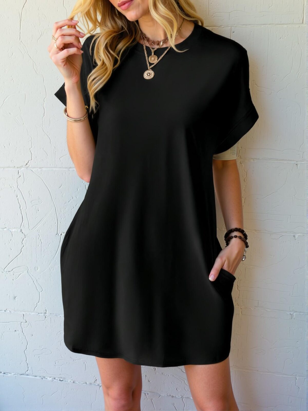 Elegant Black Stylish Batwing Sleeve Tee Dress with Hidden Pockets for Spring and Summer - Chic, Classy and Trendy Fashion Style to Dress to Impress - Image 4