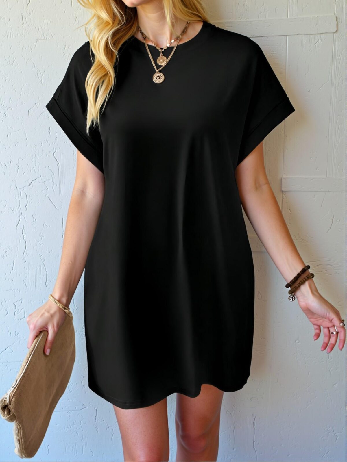 Elegant Black Stylish Batwing Sleeve Tee Dress with Hidden Pockets for Spring and Summer - Chic, Classy and Trendy Fashion Style to Dress to Impress - Image 5