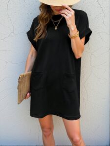 Elegant Black Stylish Batwing Sleeve Pocket Tee Dress for Warm Days – Chic, Classy and Trendy Fashion Style to Dress to Impress
