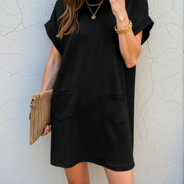 Elegant Black Stylish Batwing Sleeve Pocket Tee Dress for Warm Days – Chic, Classy and Trendy Fashion Style to Dress to Impress