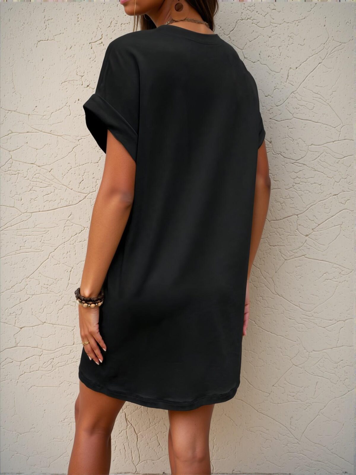 Elegant Black Stylish Batwing Sleeve Pocket Tee Dress for Warm Days – Chic, Classy and Trendy Fashion Style to Dress to Impress - Image 2