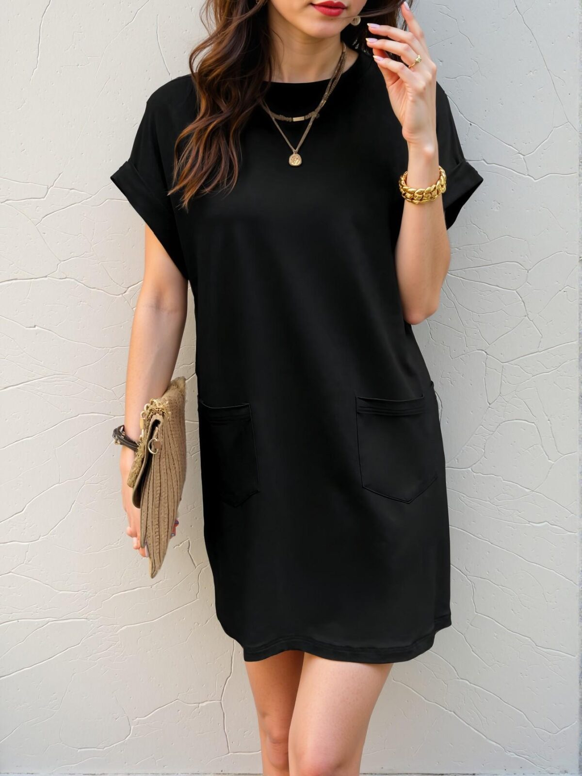 Elegant Black Stylish Batwing Sleeve Pocket Tee Dress for Warm Days – Chic, Classy and Trendy Fashion Style to Dress to Impress - Image 3