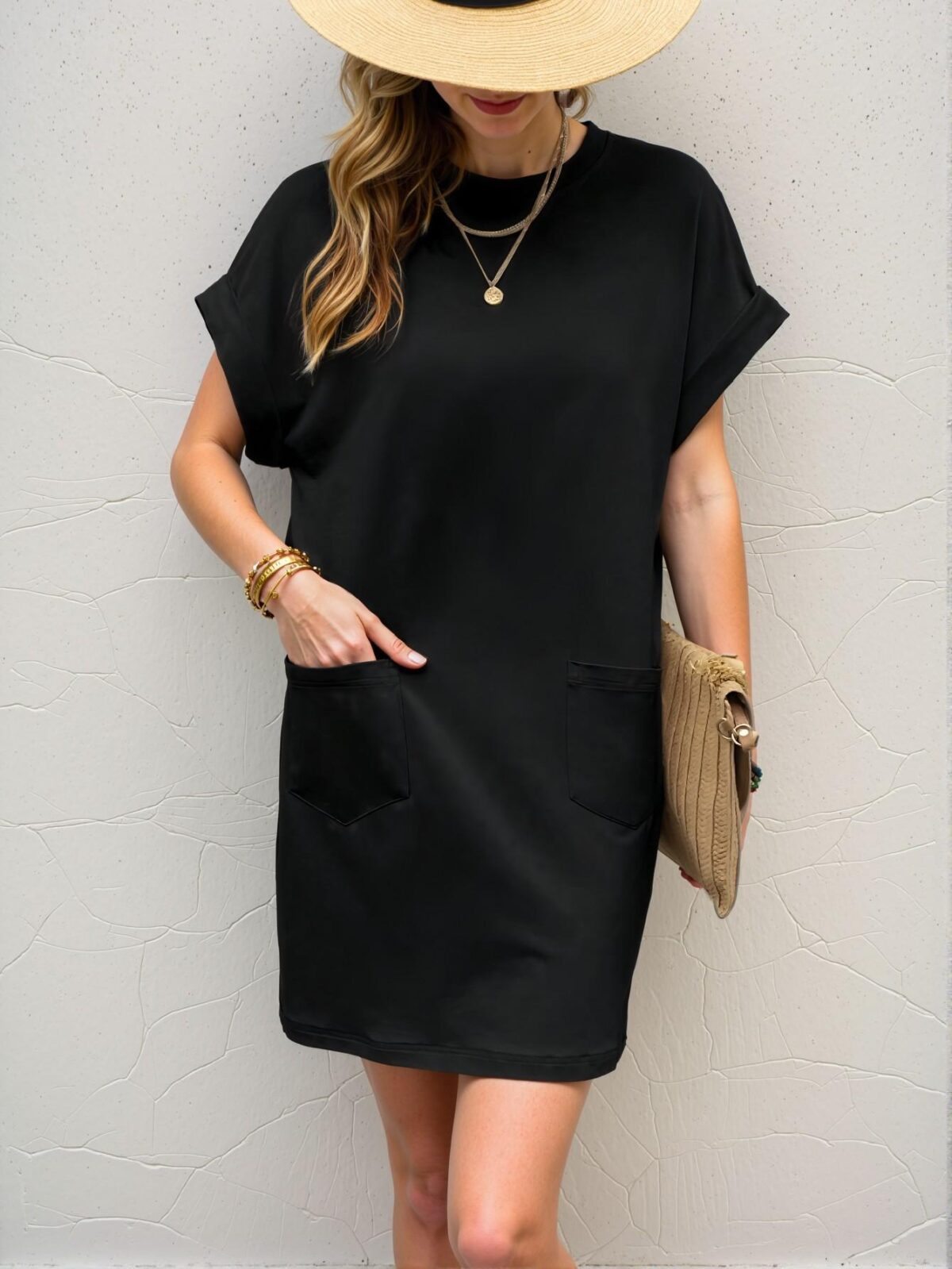 Elegant Black Stylish Batwing Sleeve Pocket Tee Dress for Warm Days – Chic, Classy and Trendy Fashion Style to Dress to Impress - Image 4