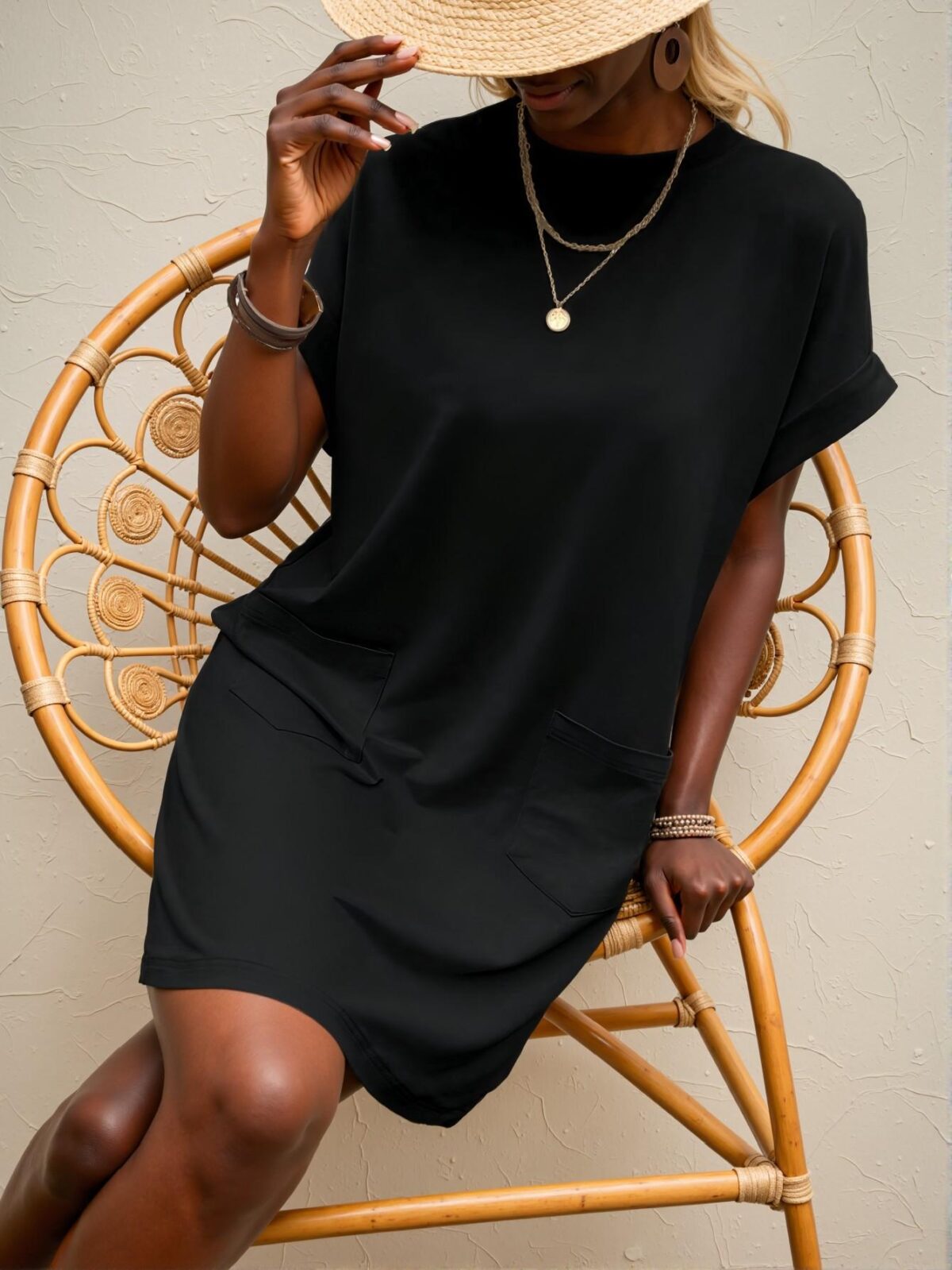 Elegant Black Stylish Batwing Sleeve Pocket Tee Dress for Warm Days – Chic, Classy and Trendy Fashion Style to Dress to Impress - Image 5