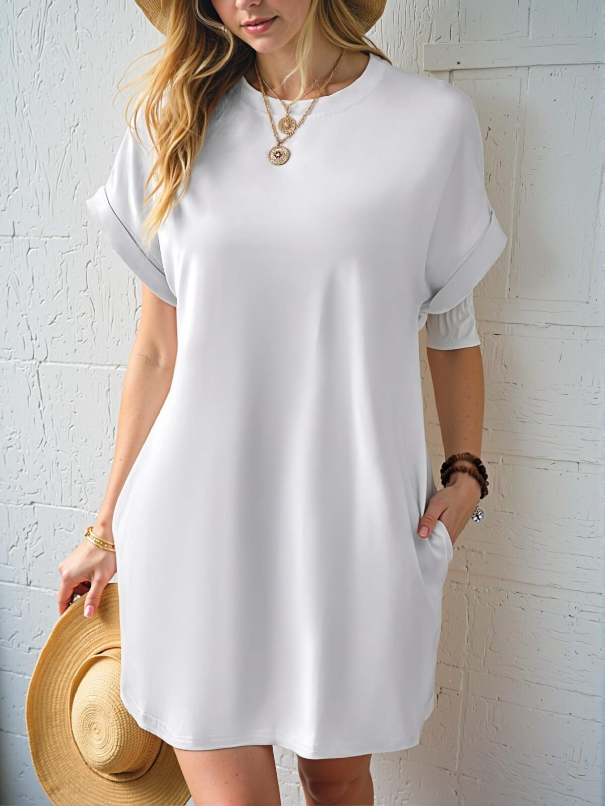 Elegant White Casual Batwing Sleeve Tee Dress with Hidden Pockets for Spring and Summer - Chic, Classy and Trendy Fashion Style to Dress to Impress