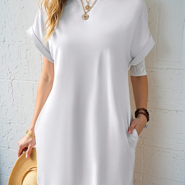 Elegant White Casual Batwing Sleeve Tee Dress with Hidden Pockets for Spring and Summer - Chic, Classy and Trendy Fashion Style to Dress to Impress