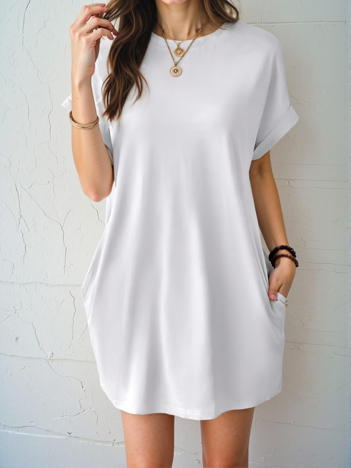 Elegant White Casual Batwing Sleeve Tee Dress with Hidden Pockets for Spring and Summer - Chic, Classy and Trendy Fashion Style to Dress to Impress - Image 3