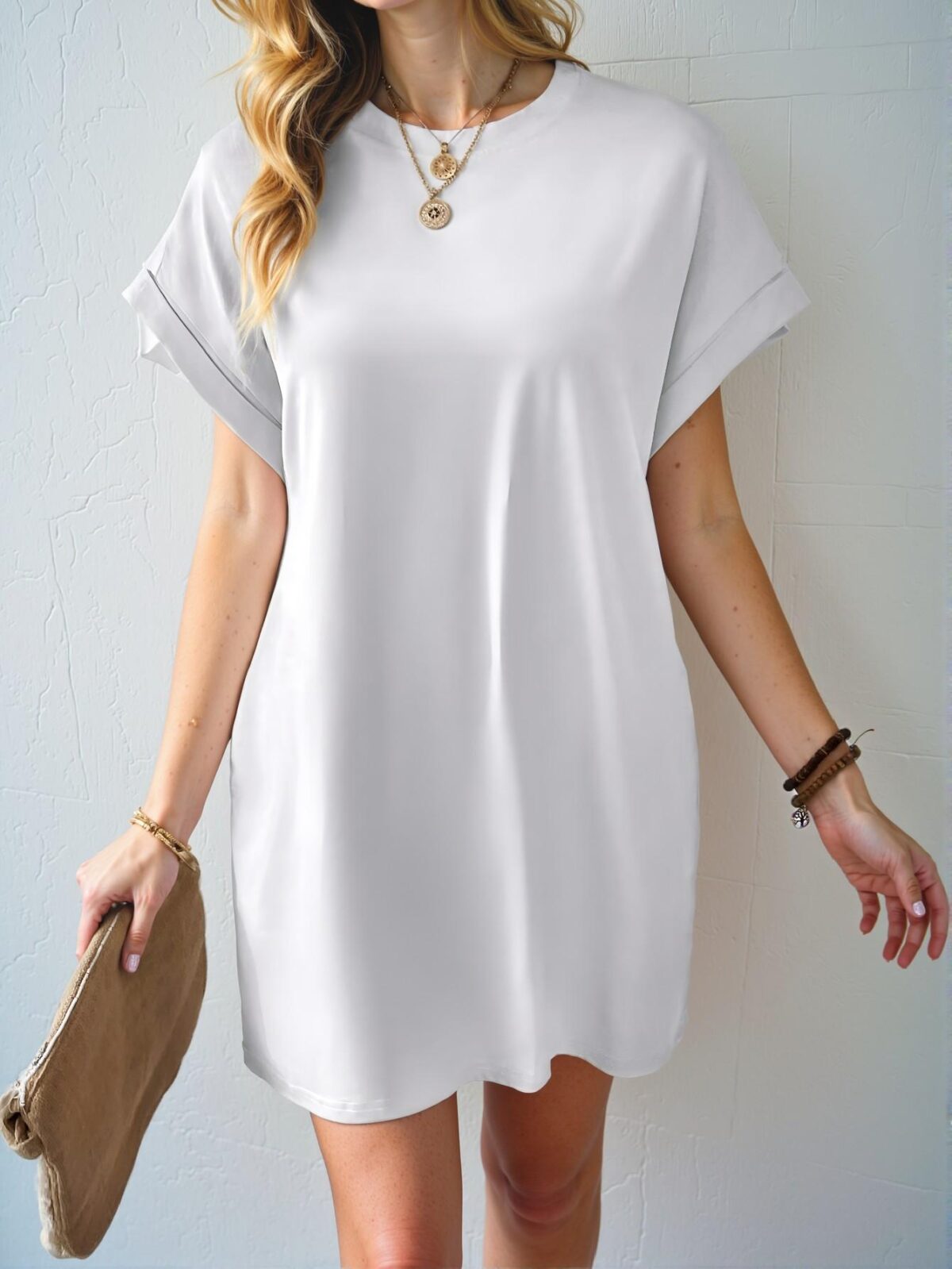 Elegant White Casual Batwing Sleeve Tee Dress with Hidden Pockets for Spring and Summer - Chic, Classy and Trendy Fashion Style to Dress to Impress - Image 4