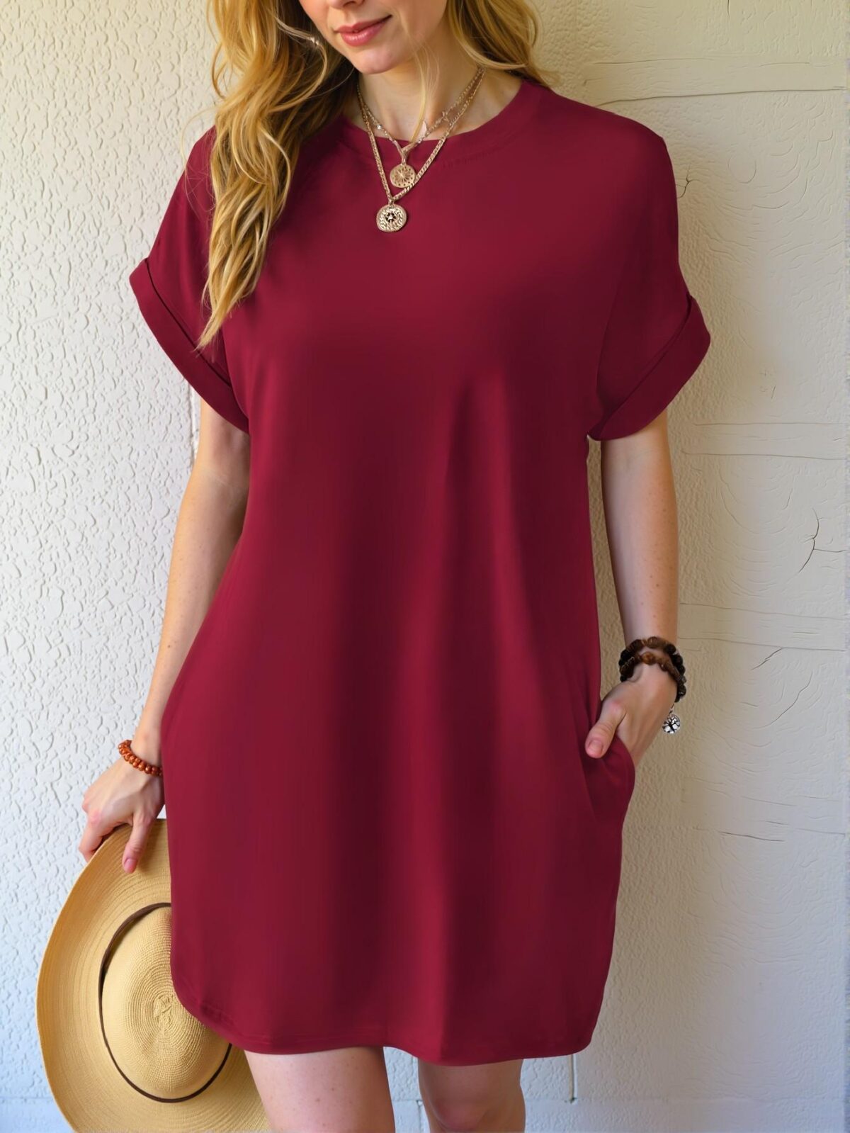 Elegant Burgundy Batwing Sleeve Dress with Hidden Pockets for Spring and Summer - Chic, Classy and Trendy Fashion Style to Dress to Impress