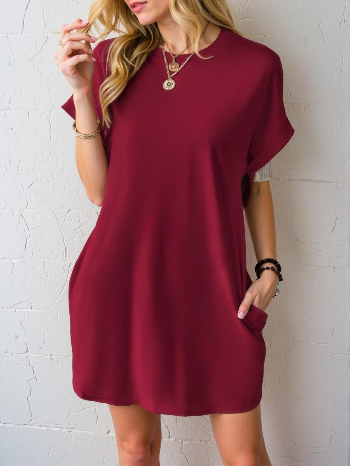 Elegant Burgundy Batwing Sleeve Dress with Hidden Pockets for Spring and Summer - Chic, Classy and Trendy Fashion Style to Dress to Impress - Image 3
