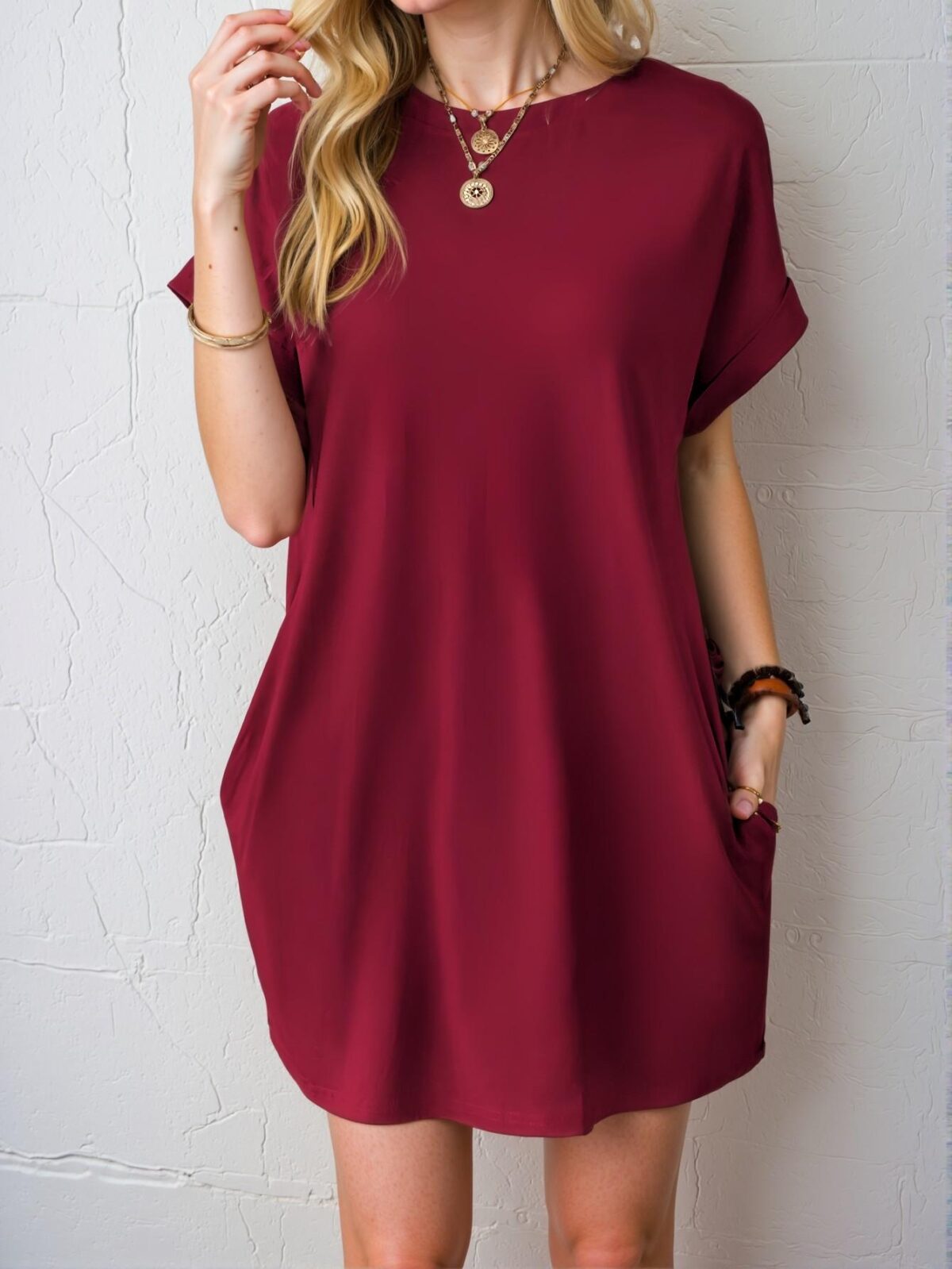 Elegant Burgundy Batwing Sleeve Dress with Hidden Pockets for Spring and Summer - Chic, Classy and Trendy Fashion Style to Dress to Impress - Image 4