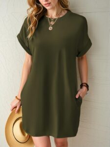Elegant Army Green Effortless Batwing Sleeve Dress with Hidden Pockets for Warm Weather Chic, Classy and Trendy Fashion Style to Dress to Impress