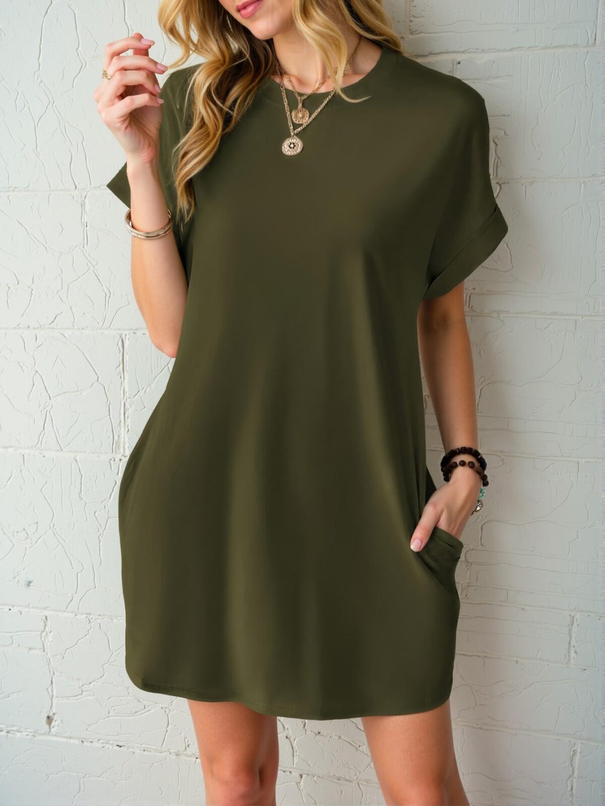 Elegant Army Green Effortless Batwing Sleeve Dress with Hidden Pockets for Warm Weather Chic, Classy and Trendy Fashion Style to Dress to Impress - Image 3