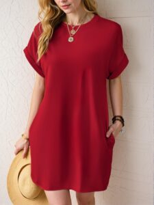 Elegant Red Stylish Batwing Sleeve Tee Dress with Hidden Pockets for Spring and Summer - Chic, Classy and Trendy Fashion Style to Dress to Impress