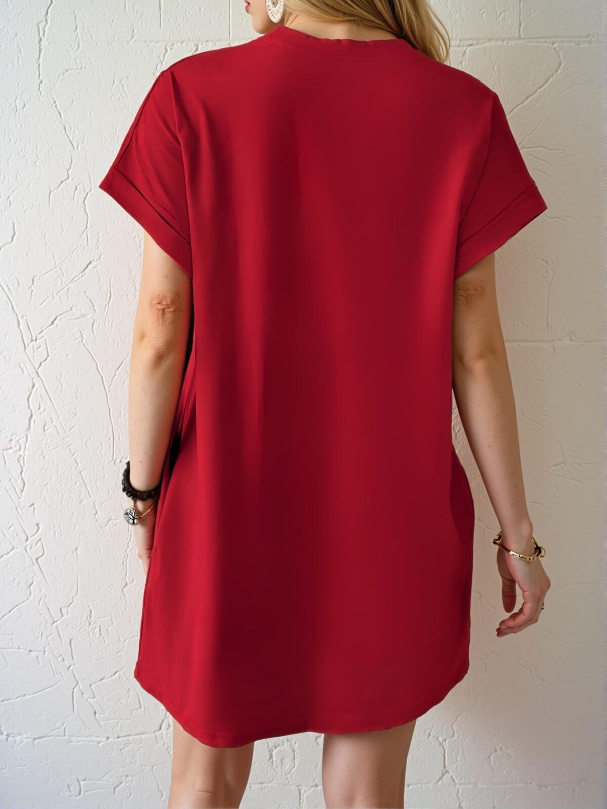 Elegant Red Stylish Batwing Sleeve Tee Dress with Hidden Pockets for Spring and Summer - Chic, Classy and Trendy Fashion Style to Dress to Impress - Image 2