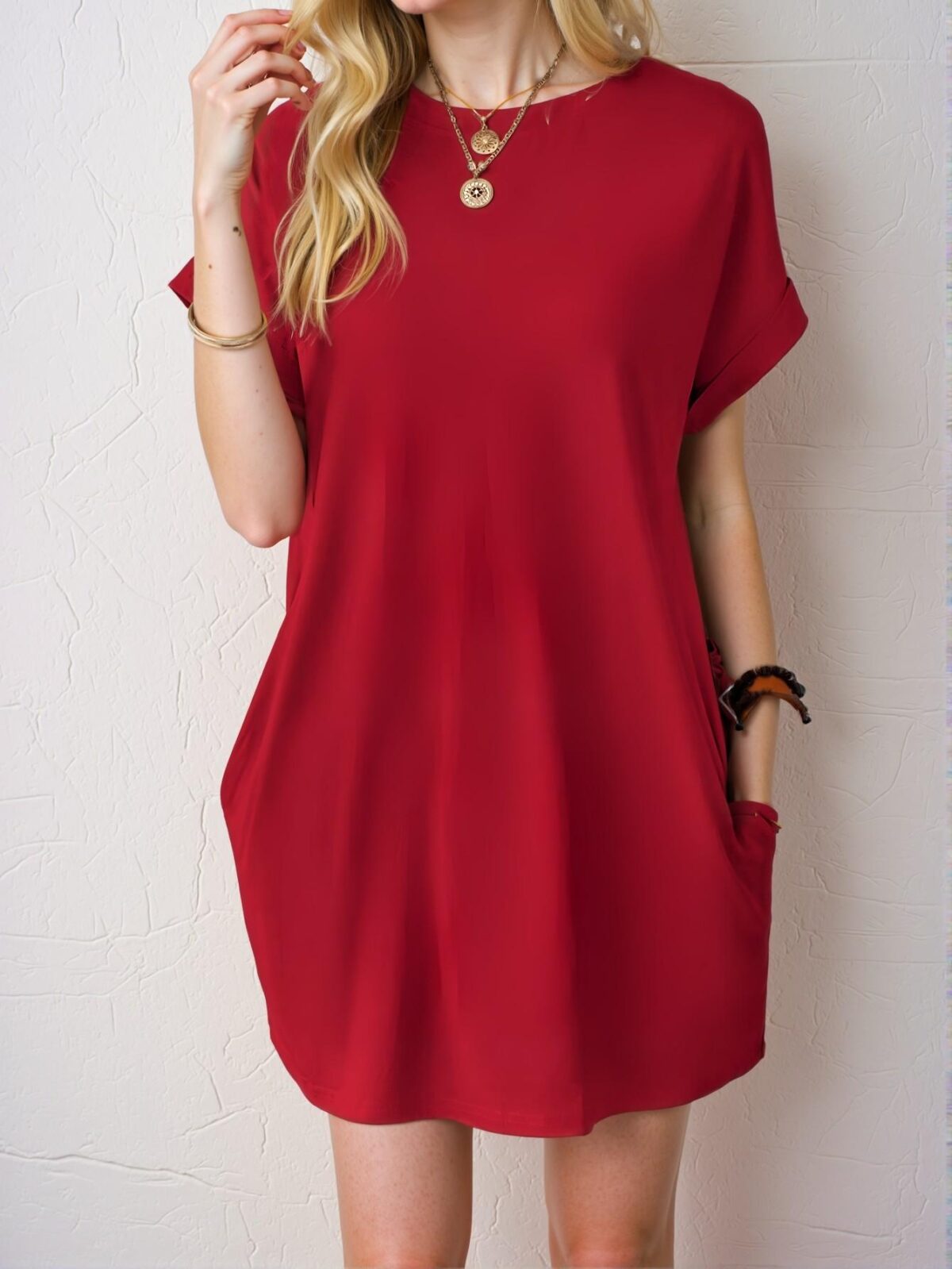 Elegant Red Stylish Batwing Sleeve Tee Dress with Hidden Pockets for Spring and Summer - Chic, Classy and Trendy Fashion Style to Dress to Impress - Image 3