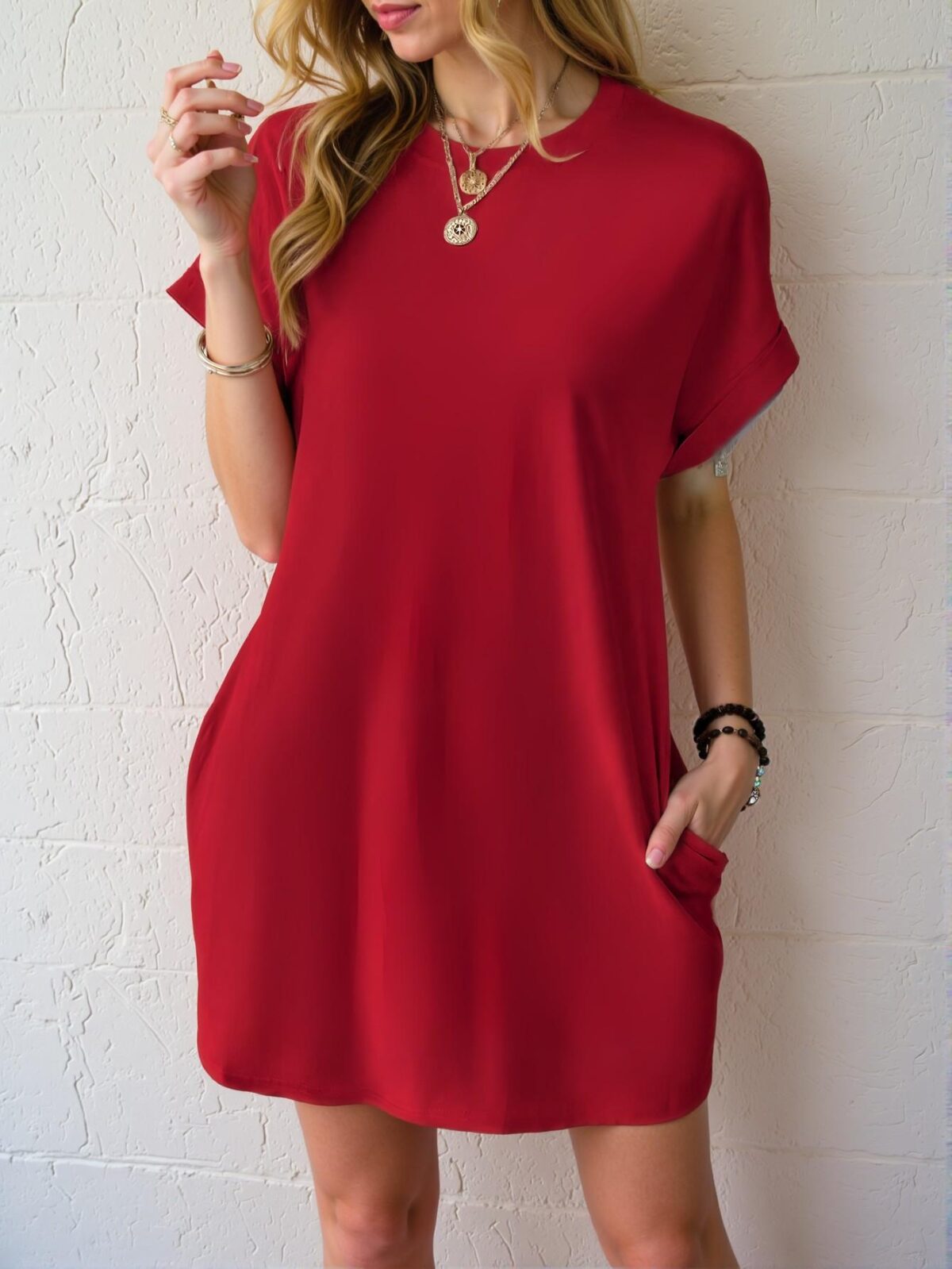 Elegant Red Stylish Batwing Sleeve Tee Dress with Hidden Pockets for Spring and Summer - Chic, Classy and Trendy Fashion Style to Dress to Impress - Image 5
