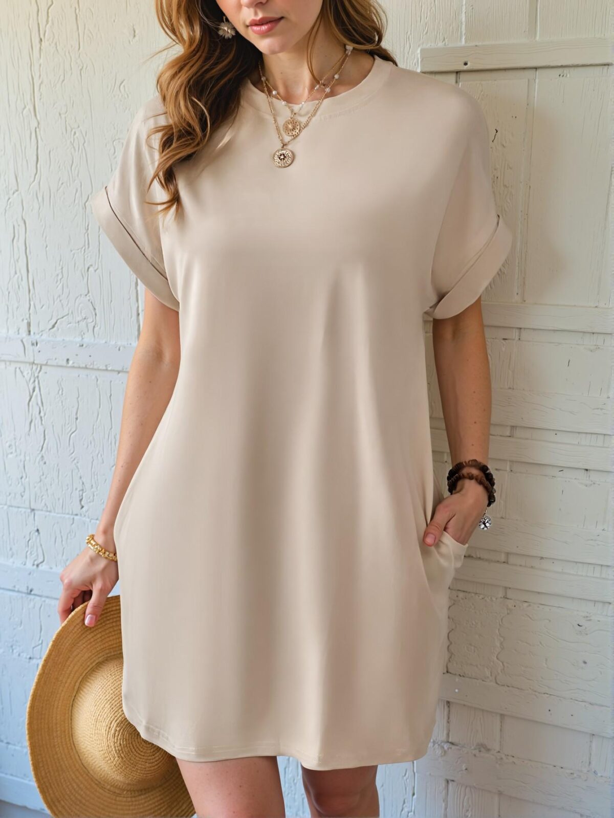 Elegant Apricot Stylish Batwing Sleeve Pocket Tee Dress Perfect for Spring and Summer Chic, Classy and Trendy Fashion Style to Dress to Impress