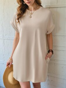 Elegant Apricot Stylish Batwing Sleeve Pocket Tee Dress Perfect for Spring and Summer Chic, Classy and Trendy Fashion Style to Dress to Impress