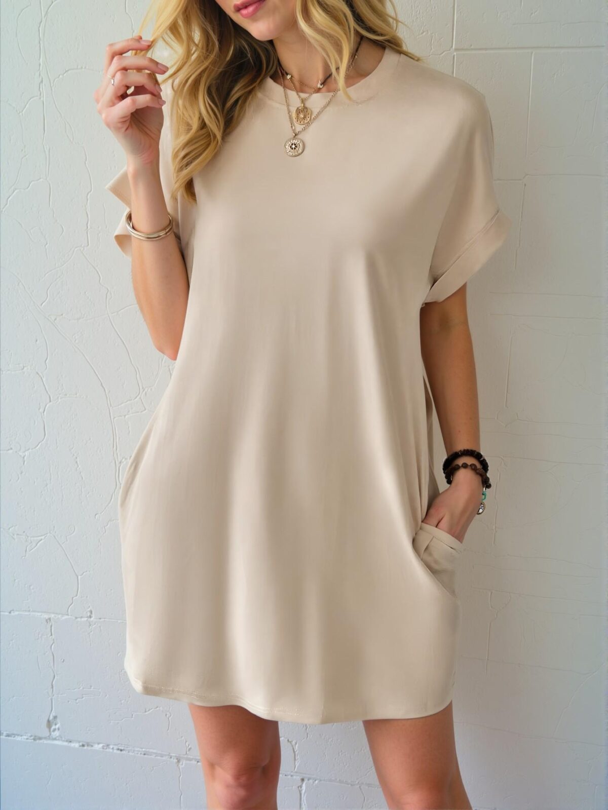 Elegant Apricot Stylish Batwing Sleeve Pocket Tee Dress Perfect for Spring and Summer Chic, Classy and Trendy Fashion Style to Dress to Impress - Image 3