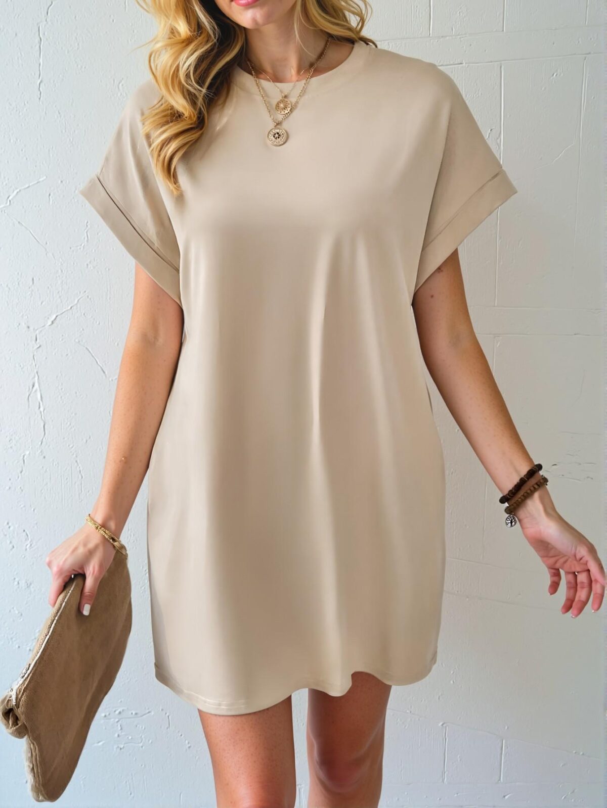 Elegant Apricot Stylish Batwing Sleeve Pocket Tee Dress Perfect for Spring and Summer Chic, Classy and Trendy Fashion Style to Dress to Impress - Image 5