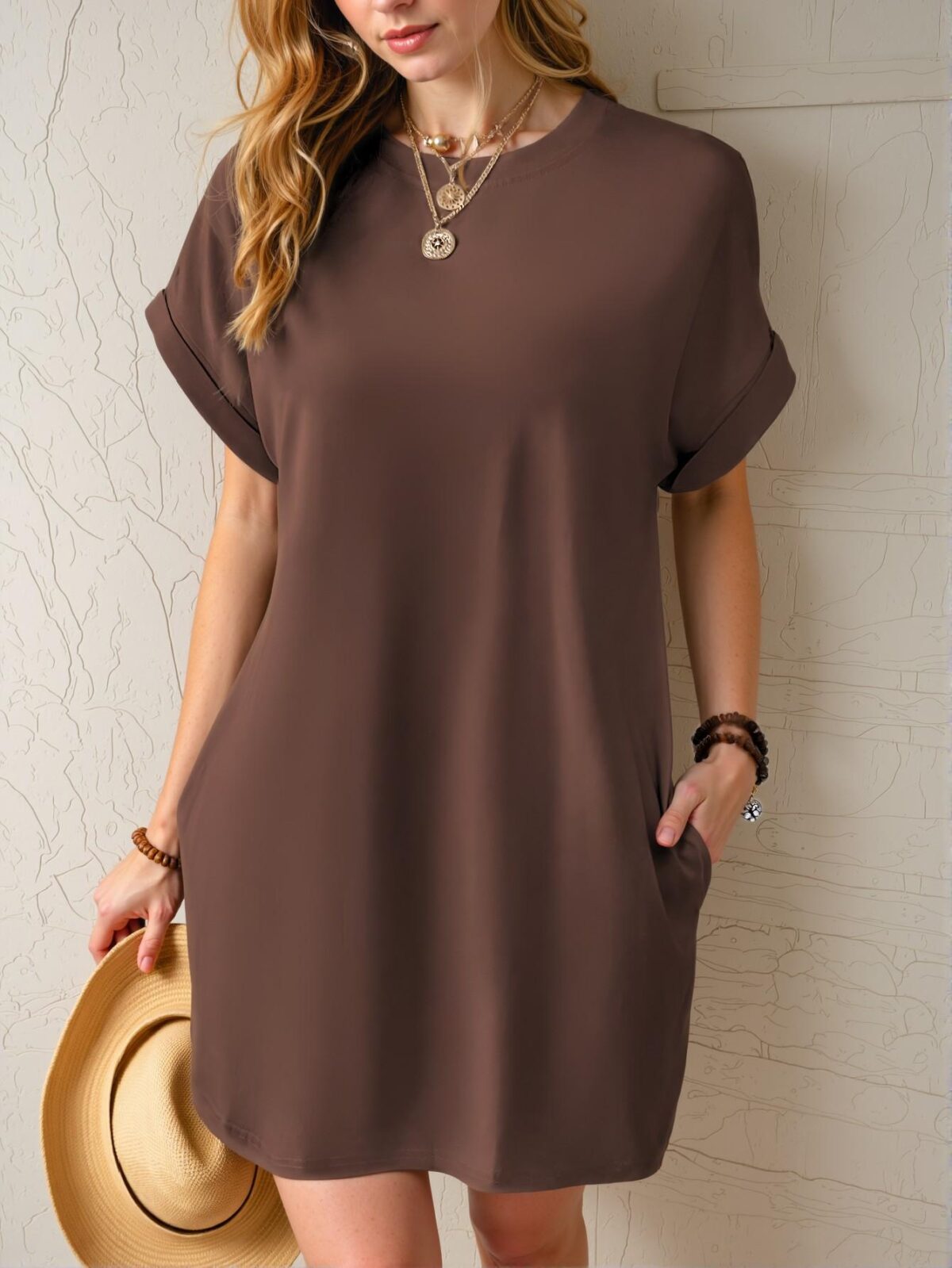 Elegant Brown Casual Short Sleeve Dress with Pocket for Spring and Summer - Chic, Classy and Trendy Fashion Style to Dress to Impress