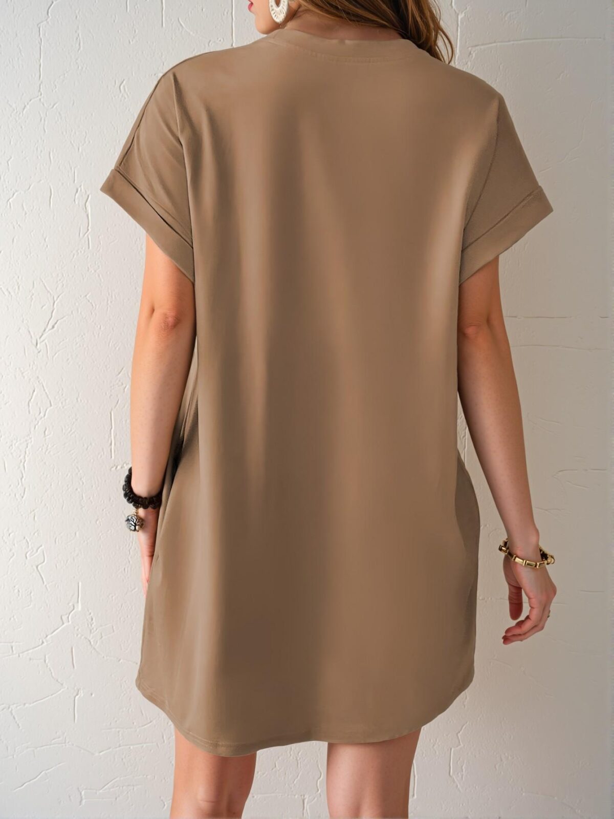 Chic Khaki Effortless Batwing Sleeve Tee Dress Perfect for Warm Weather - Stylish, Classy, and Trendy Fashion to Dress to Impress - Image 2